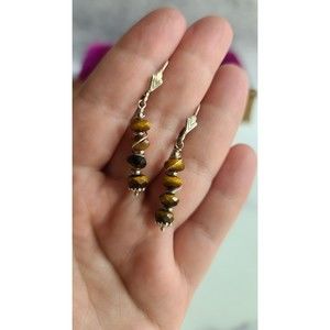 Vintage 925 Beaded Tiger's Eye Dangling Earrings
